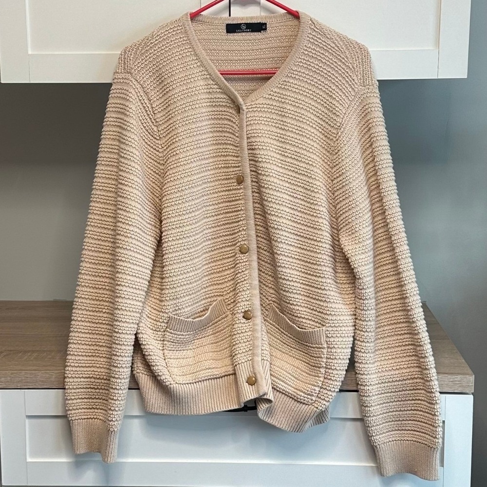 Lillusory‎ Women's Cardigan Oversized Wood Button V Neck Sweater Tan Beige Sz XL